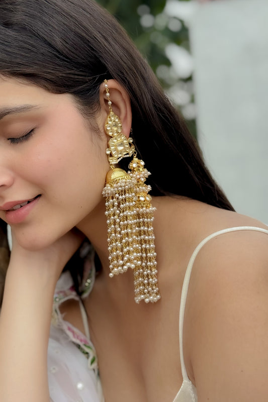 Maytab Kundan and Pearl Jhumka Earrings