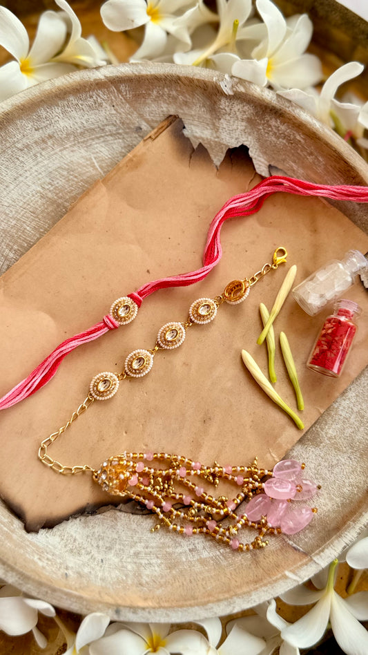 Maitreya Pink Rakhi & Lumba Set
