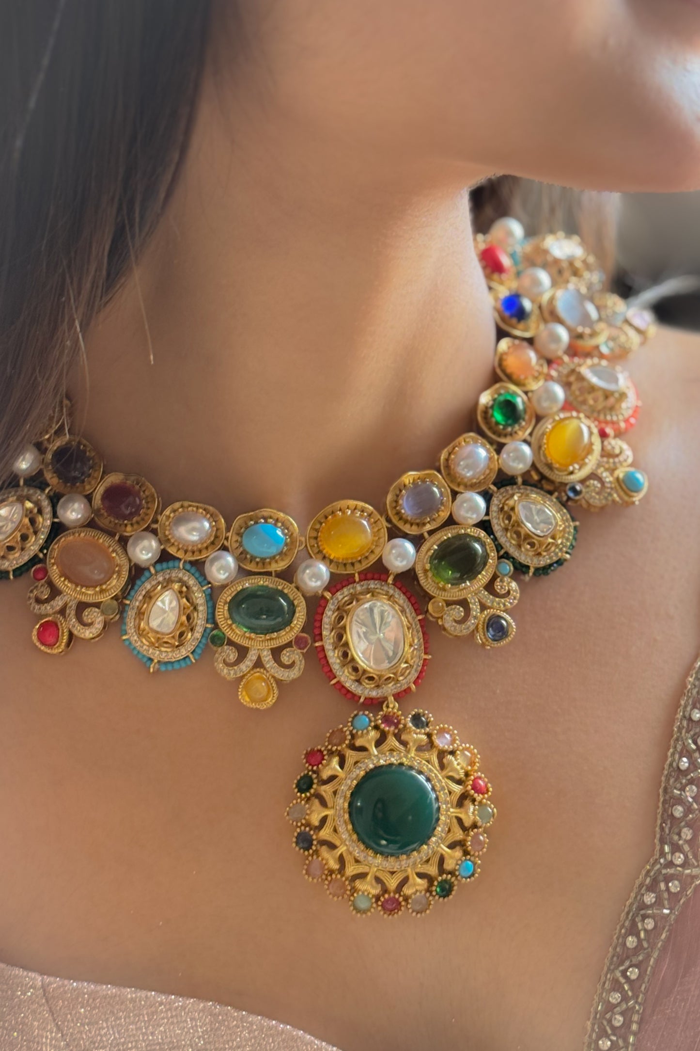 Regal Navrattan Polki Necklace
