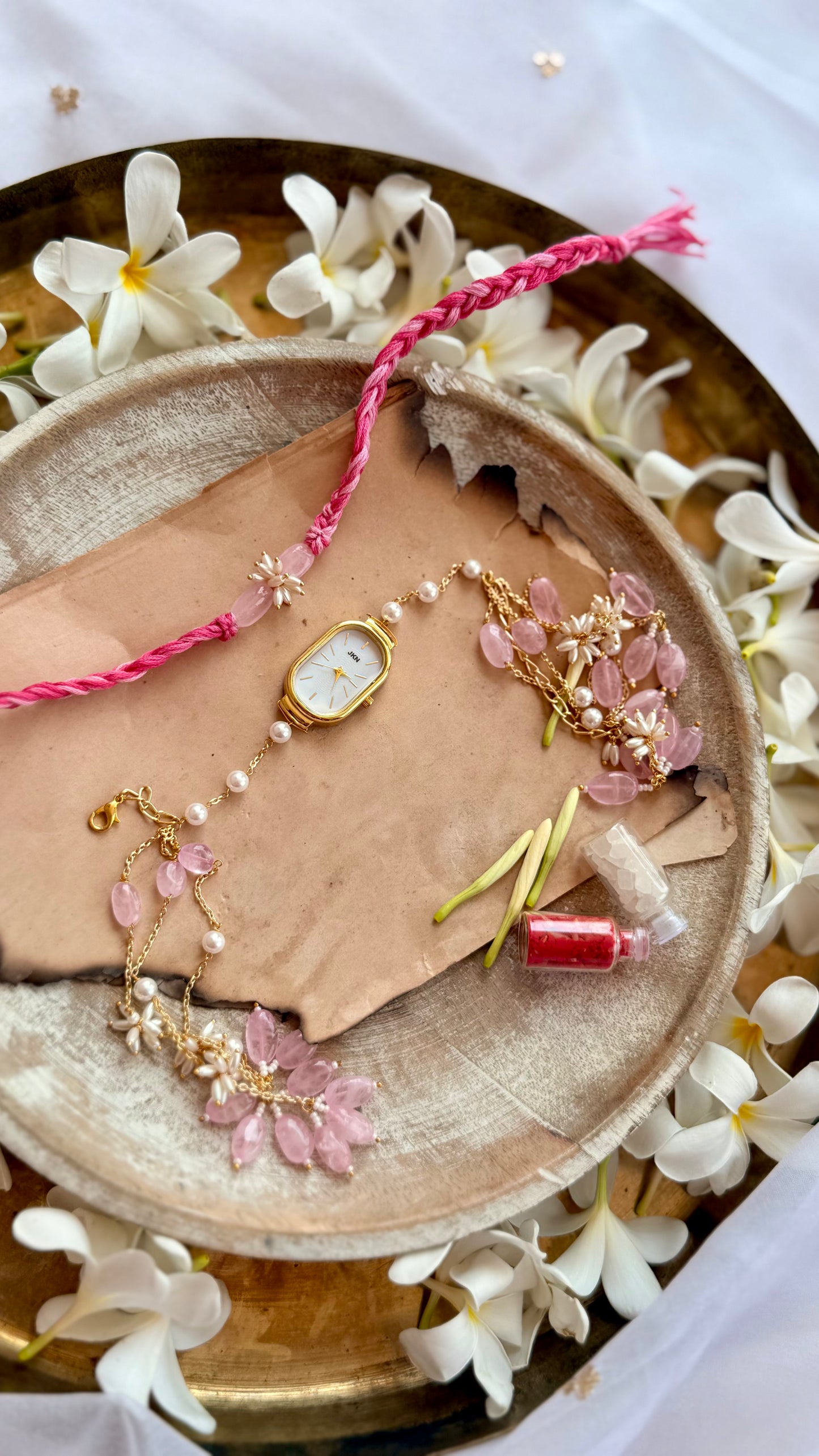 Diyan Pink Beaded Rakhi & Embellished Watch Set