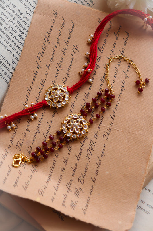 Ashwin Kundan Red Rakhi and Lumba Set