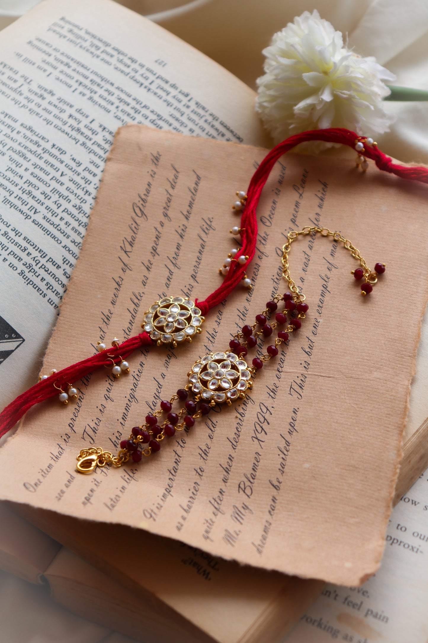 Ashwin Kundan Red Rakhi and Lumba Set