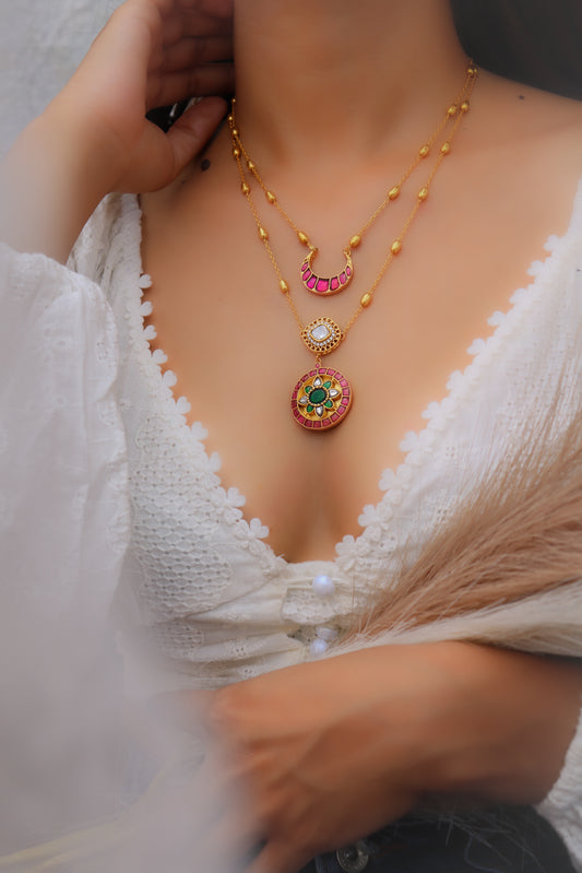 Heer Pink-Green Polki Necklace