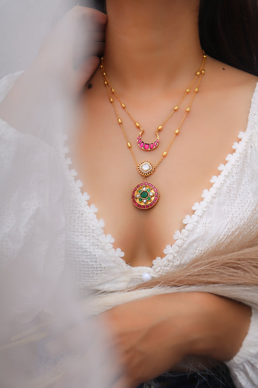 Heer Pink-Green Polki Necklace