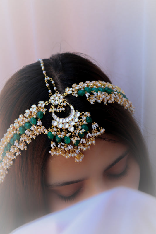 Wisha Green Kundan Pearls Mathapatti