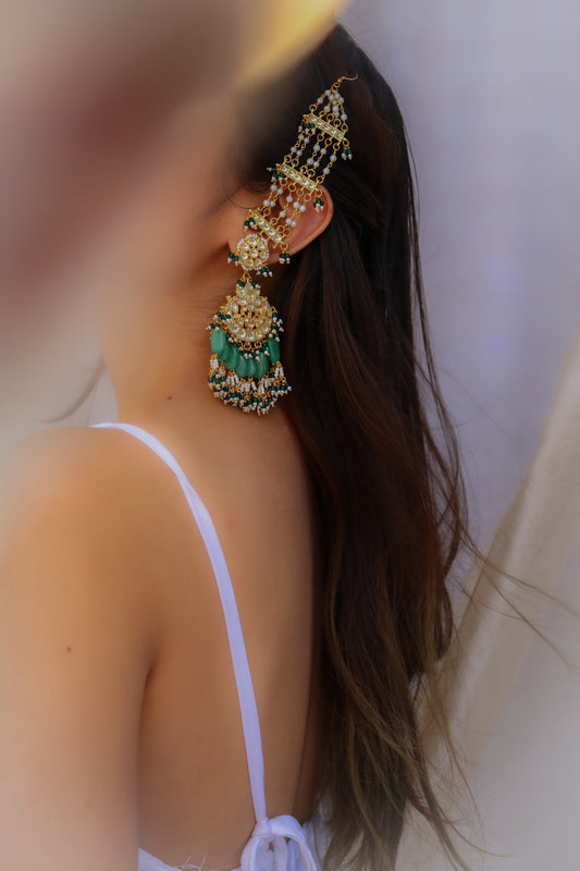 Saki Green Kundan Chandbali Earrings