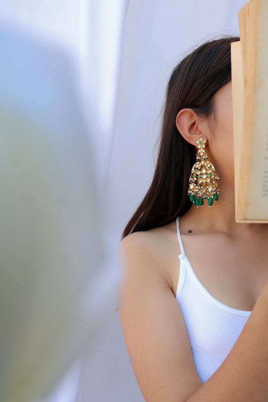 Istra Green Kundan Chandbali Earrings