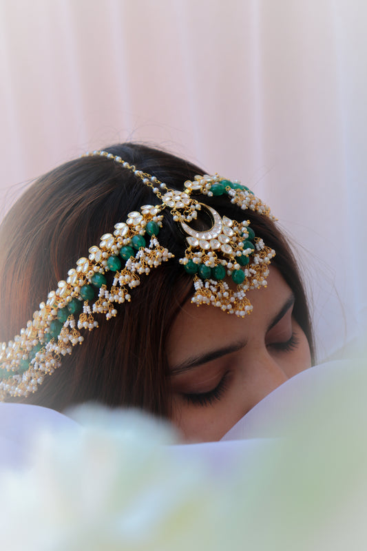 Wisha Green Kundan Pearls Mathapatti