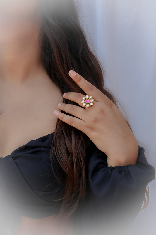 Dhriti Pink Kundan Ring