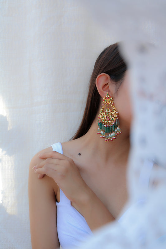 Utkarsh Green-Pink Chandbali Earrings
