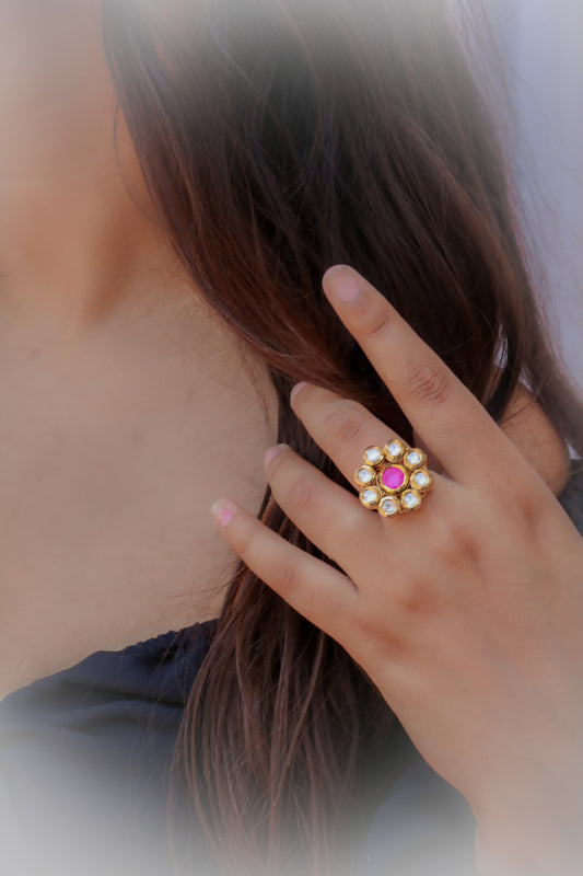 Dhriti Pink Kundan Ring