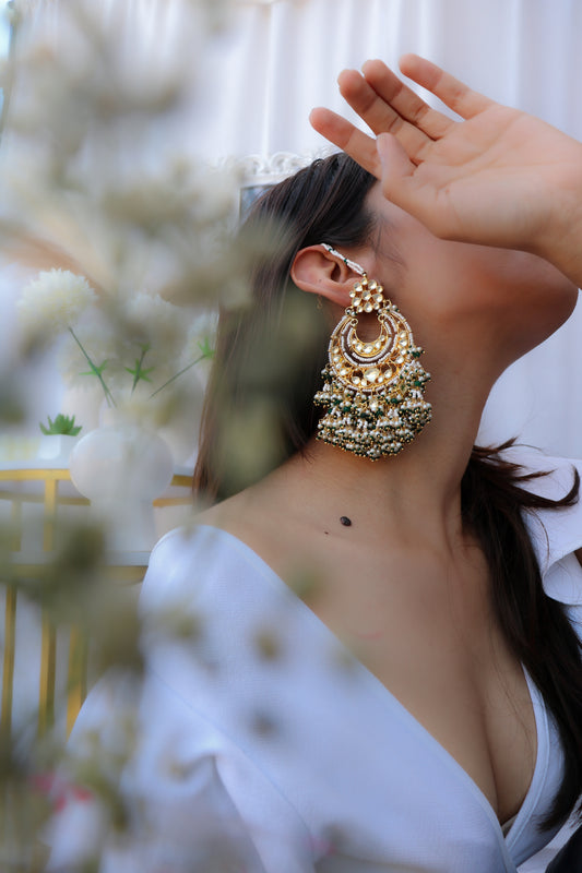 Siyal Green Kundan Chandbali Earrings