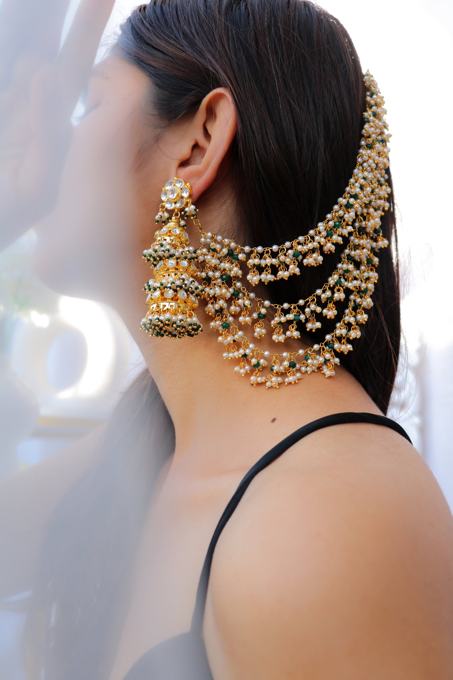 Kiza Green Jhumka Earrings With Ear Chain