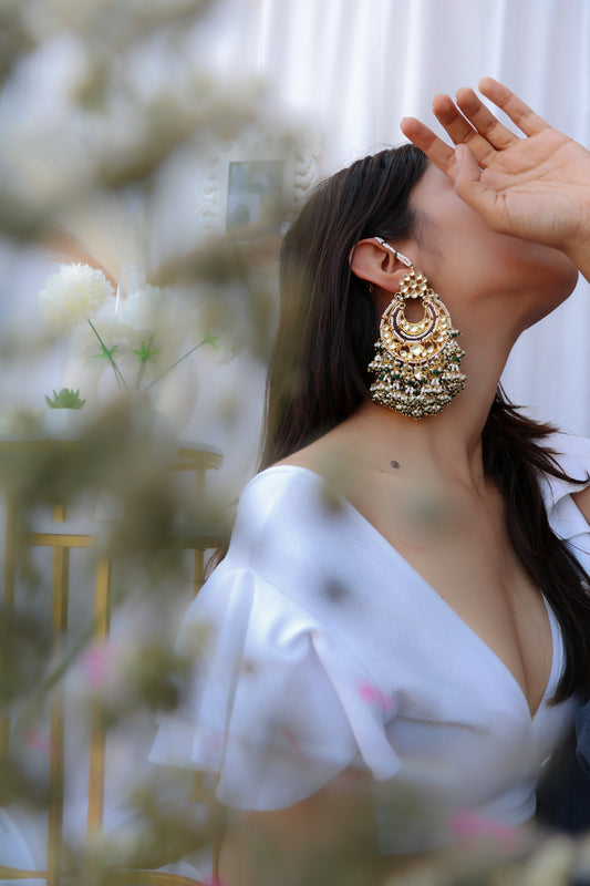 Siyal Green Kundan Chandbali Earrings