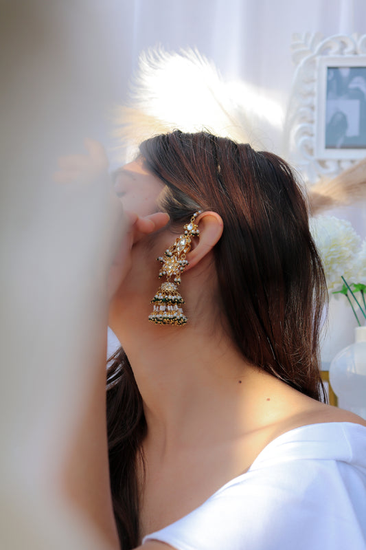 Jigsa Green Kundan Jhumka Earrings