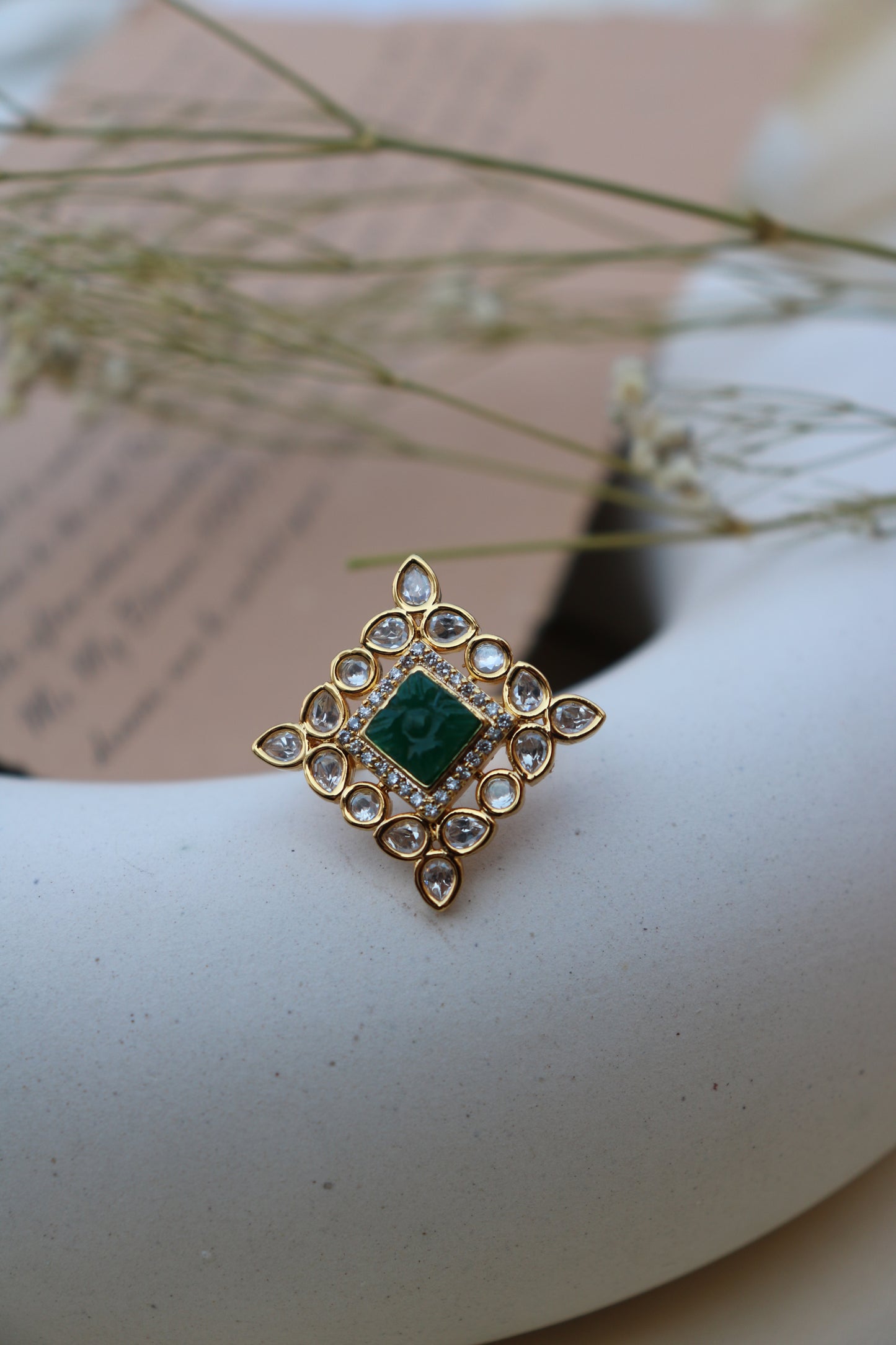 Nisa Green Kundan Ring