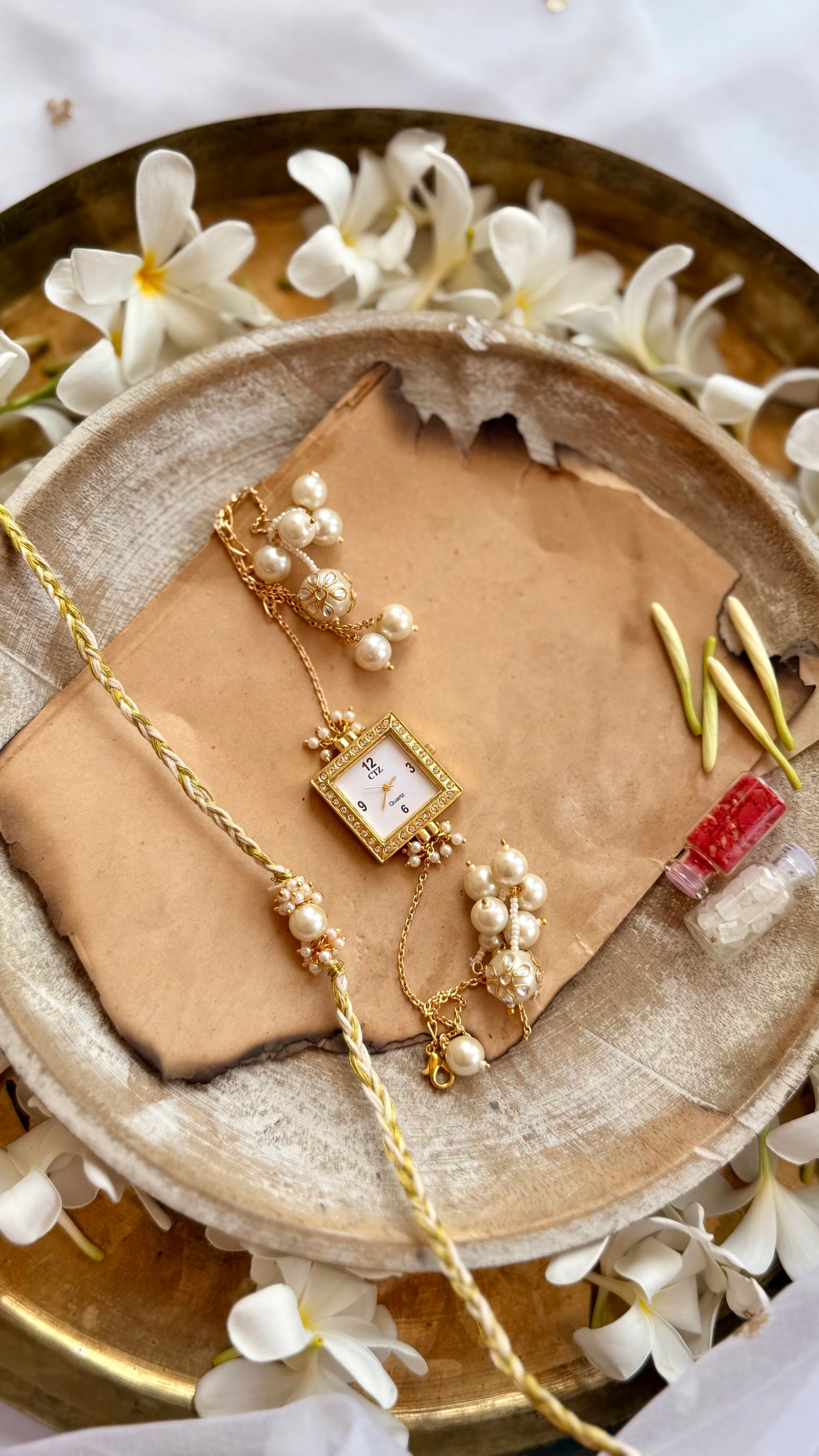 Gatik Pearl Rakhi & Embellished Watch Set