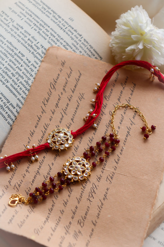 Ashwin Kundan Red Rakhi and Lumba Set