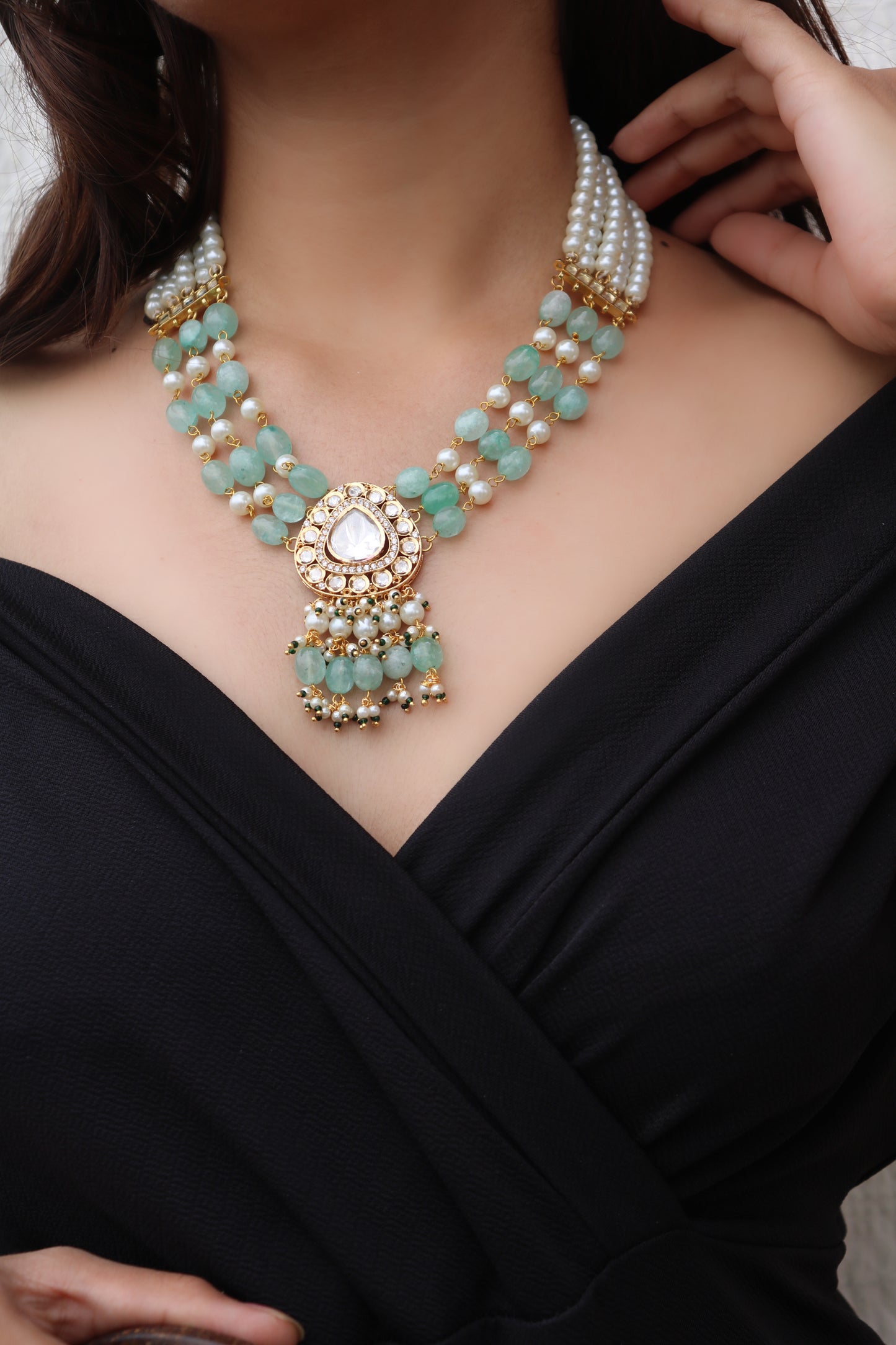 Sejal Mint Kundan Pearl Necklace