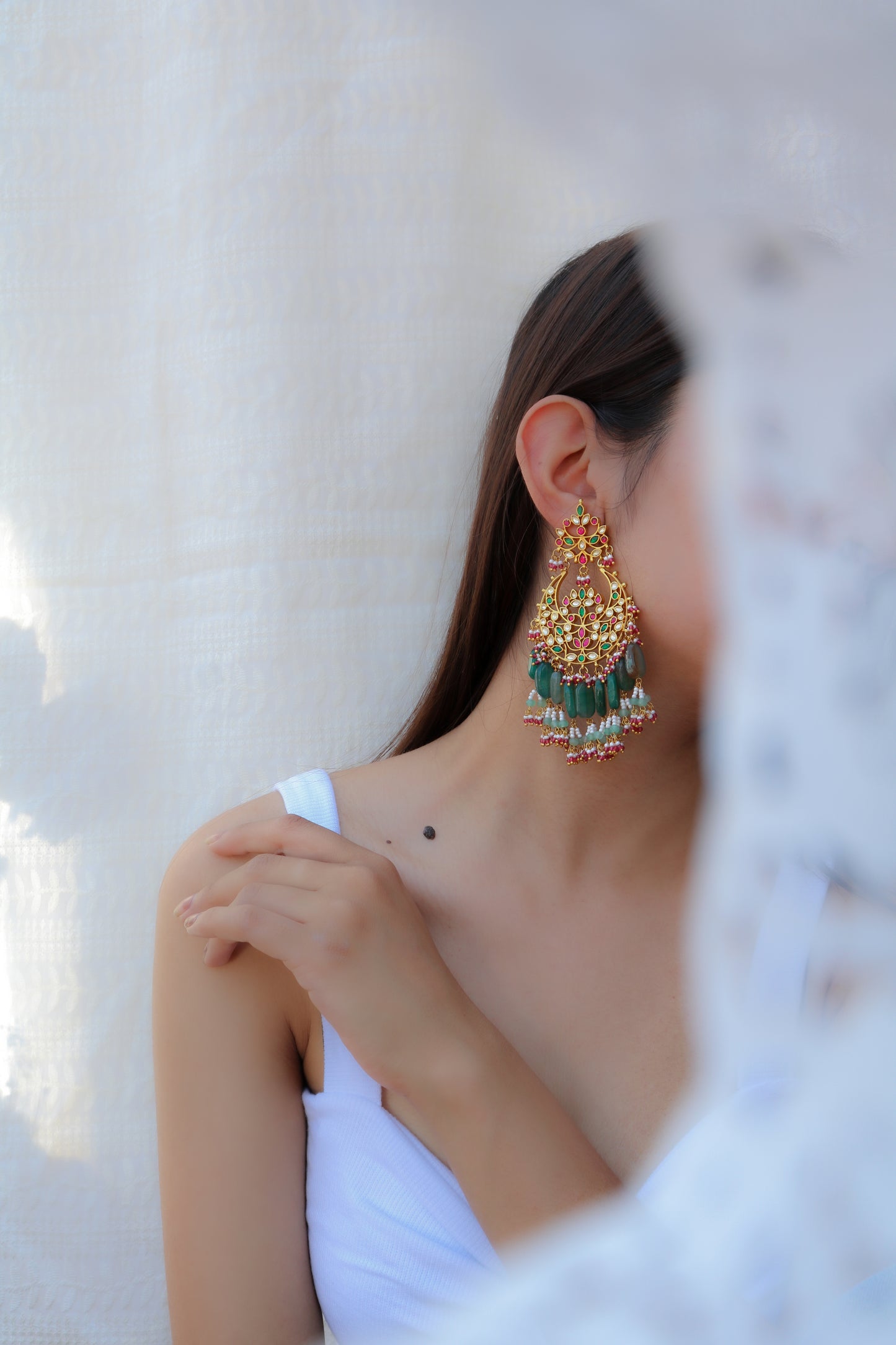 Utkarsh Green-Pink Chandbali Earrings