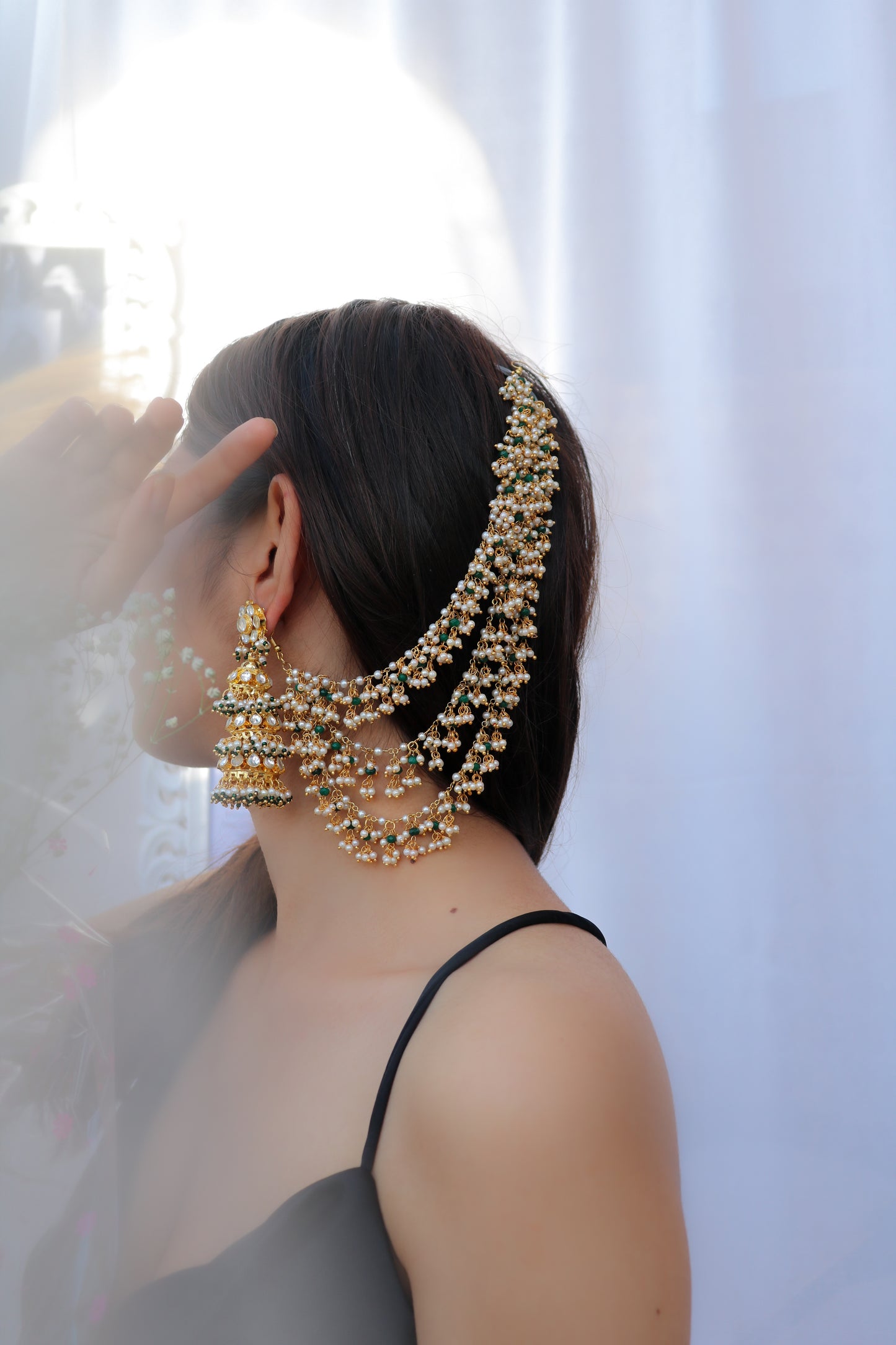 Kiza Green Jhumka Earrings With Ear Chain